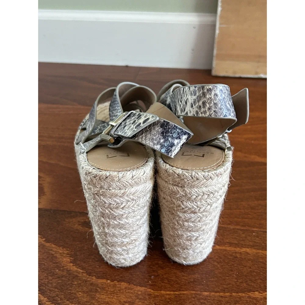 Marc Fisher Alenni Snakeskin Espadrille‎ Wedge Sandals Grey Black Leather 9.5 M